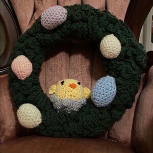 Vintage Handmade Crochet Easter Wreath with Chick and Eggs
